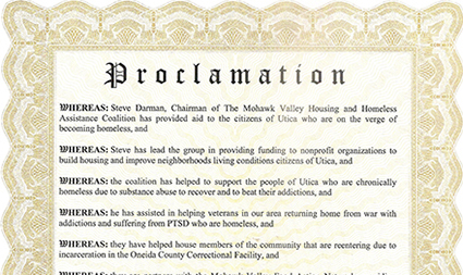 Steve Darman proclamation from the Mayor of Utica NY